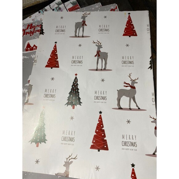6 Lg Sheets 28 x 40" White Christmas Wrapping Paper Reindeer Stripes Red Truck - Picture 3 of 7